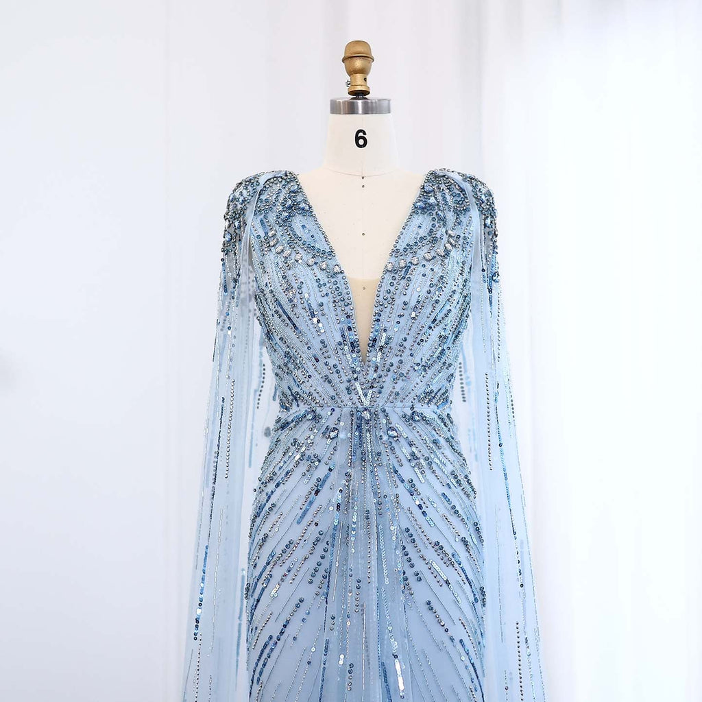 Luxury Crystal Sage Green V-Neck Evening Dresses with Cape SS399
