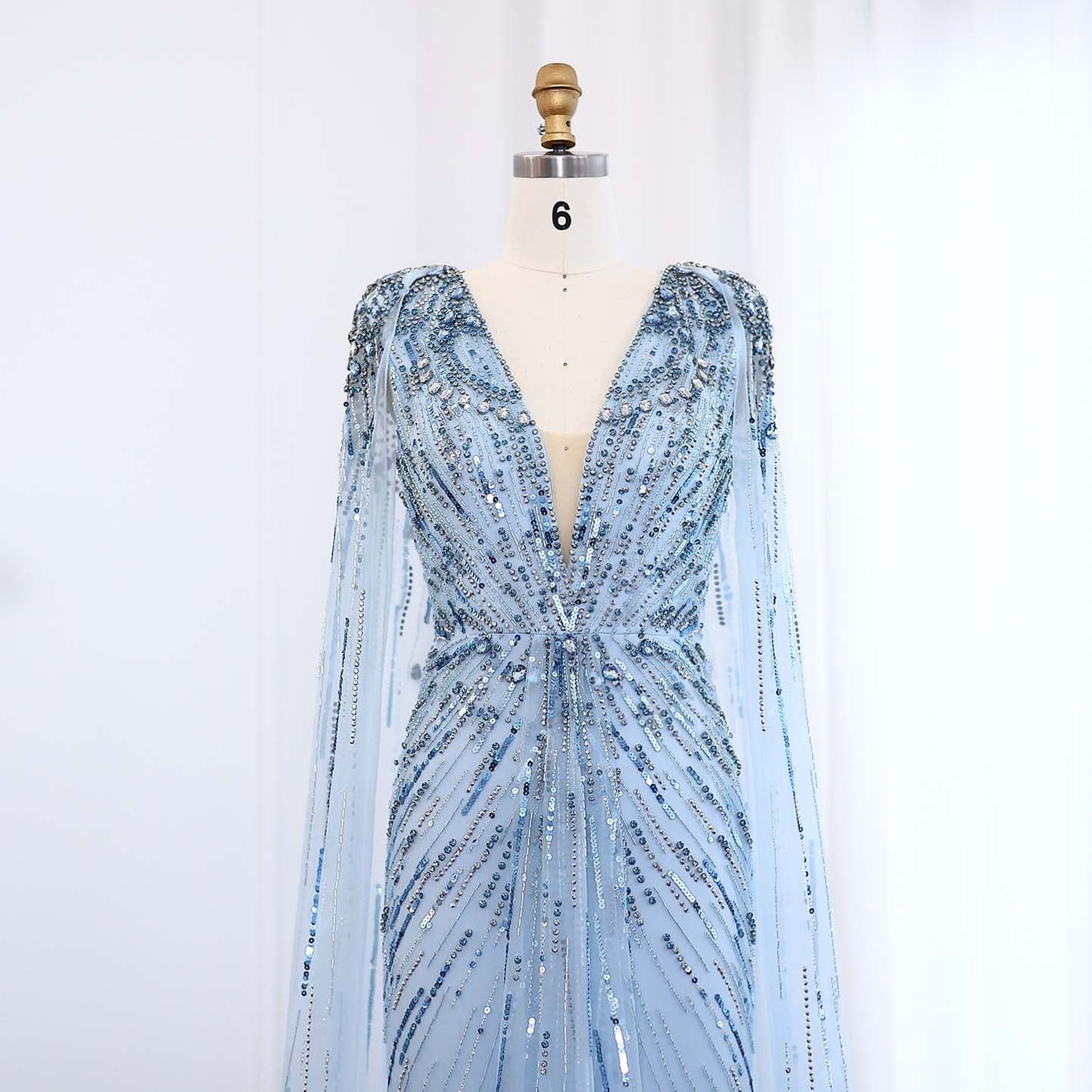 Luxury Crystal Sage Green V-Neck Evening Dresses with Cape SS399