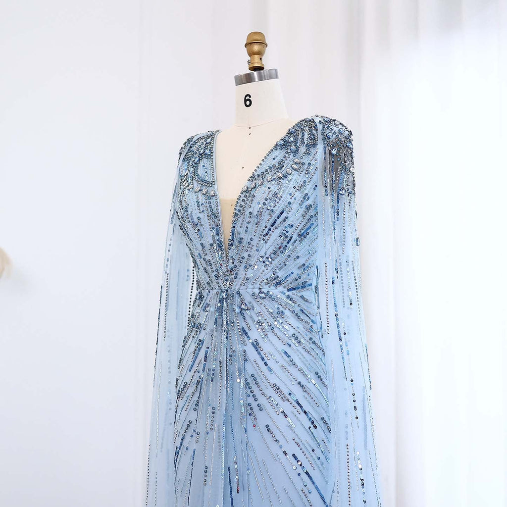Luxury Crystal Sage Green V-Neck Evening Dresses with Cape SS399