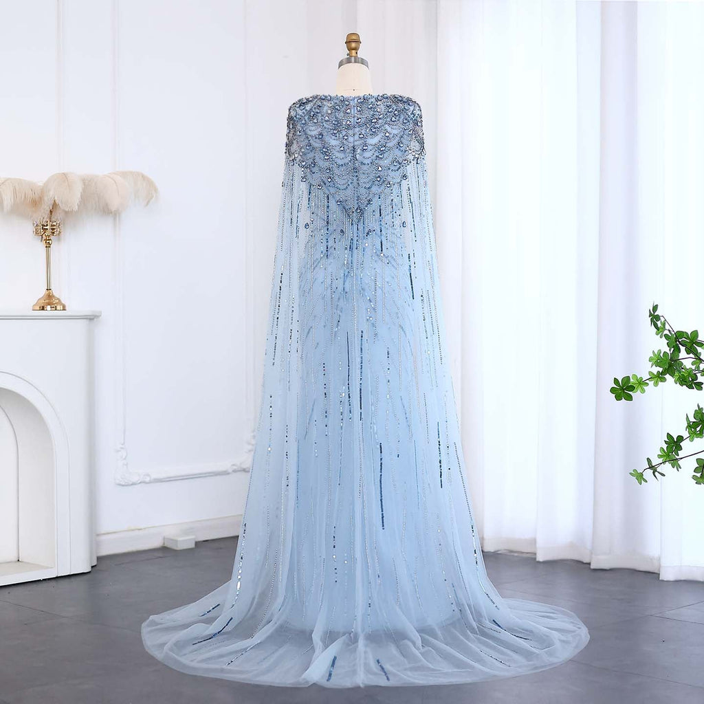 Luxury Crystal Sage Green V-Neck Evening Dresses with Cape SS399