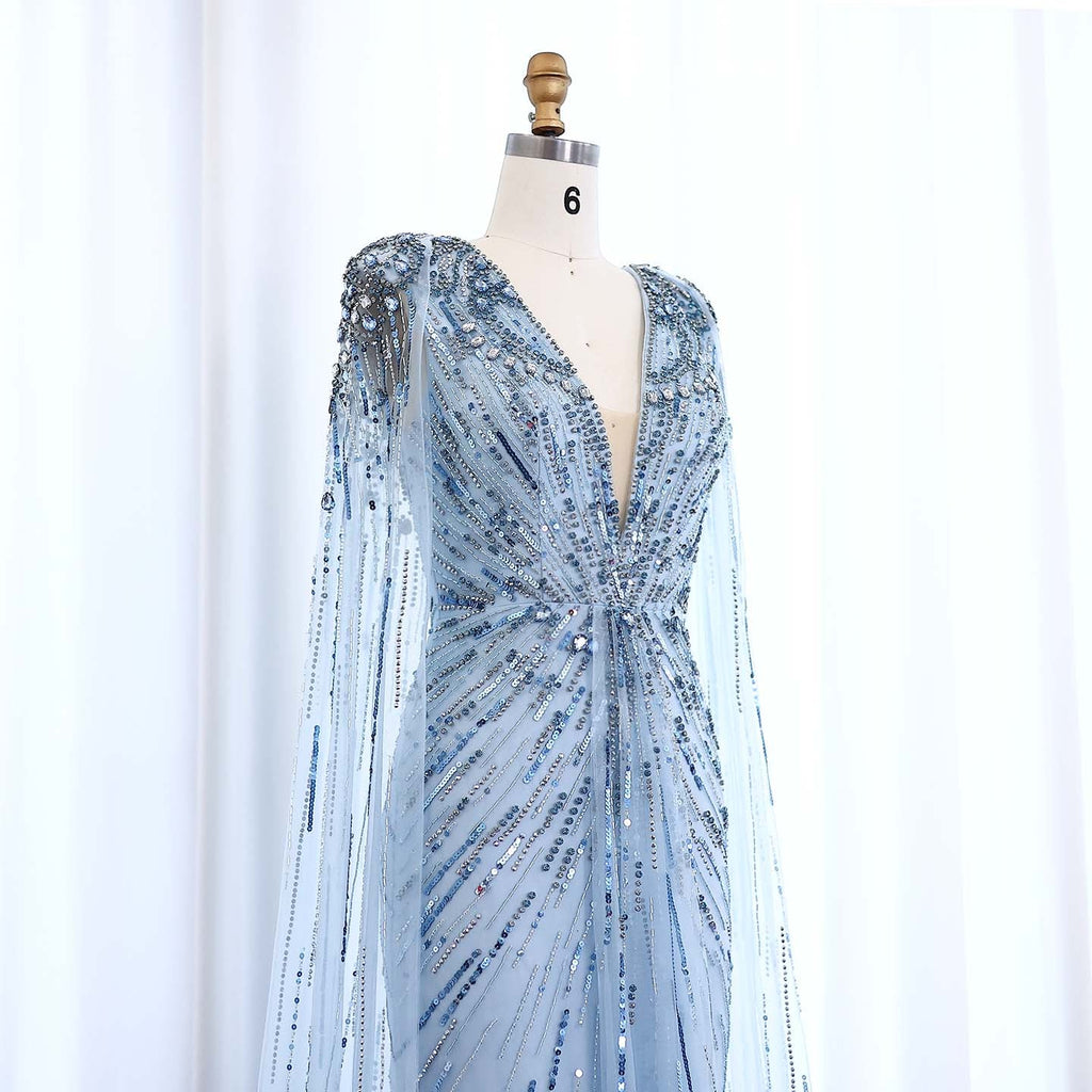 Luxury Crystal Sage Green V-Neck Evening Dresses with Cape SS399