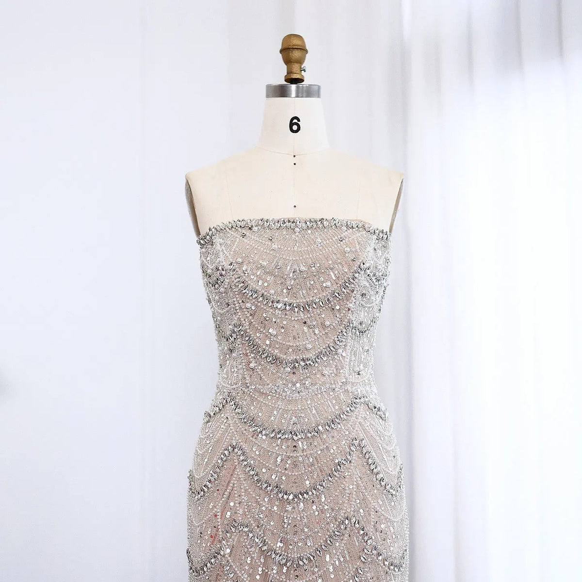 Luxury Pearls Silver Nude Strapless Evening Dress SS681