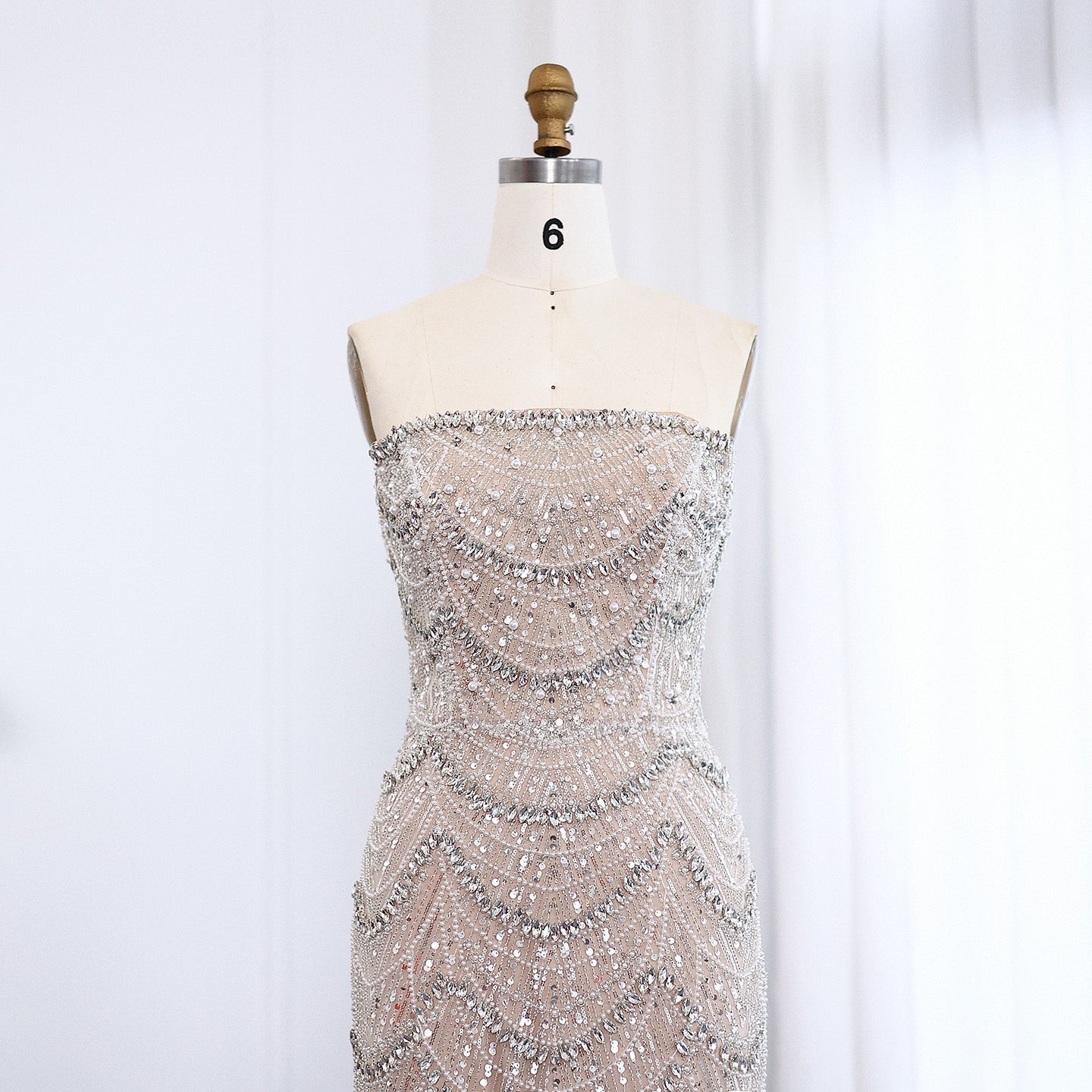 Luxury Pearls Silver Nude Strapless Evening Dress SS681