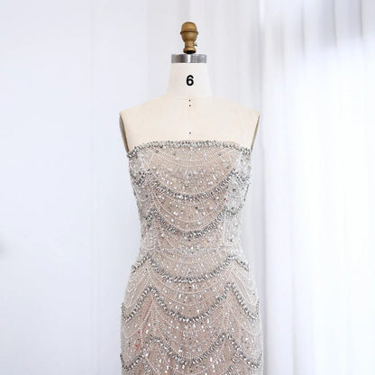 Luxury Pearls Silver Nude Strapless Evening Dress SS681