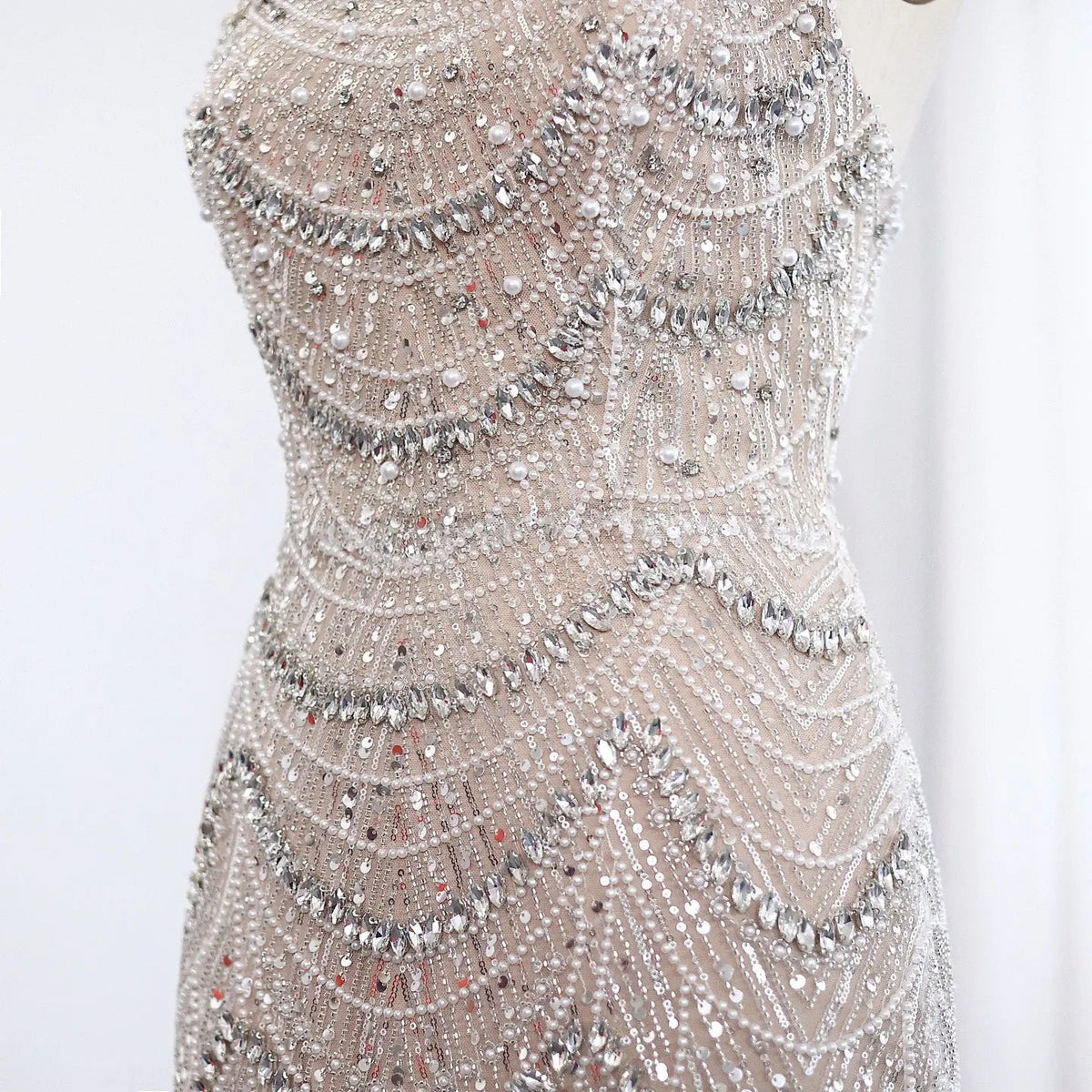 Luxury Pearls Silver Nude Strapless Evening Dress SS681