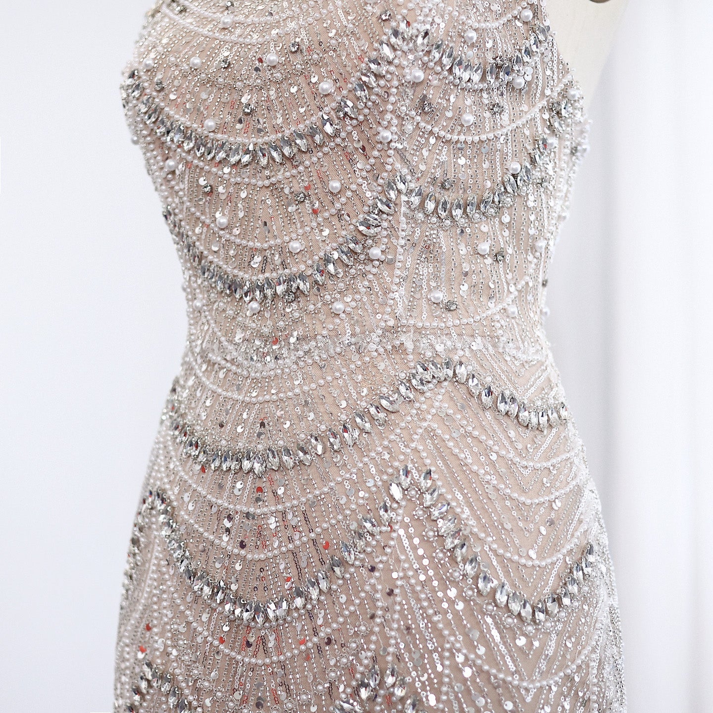 Luxury Pearls Silver Nude Strapless Evening Dress SS681