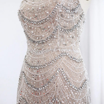 Luxury Pearls Silver Nude Strapless Evening Dress SS681