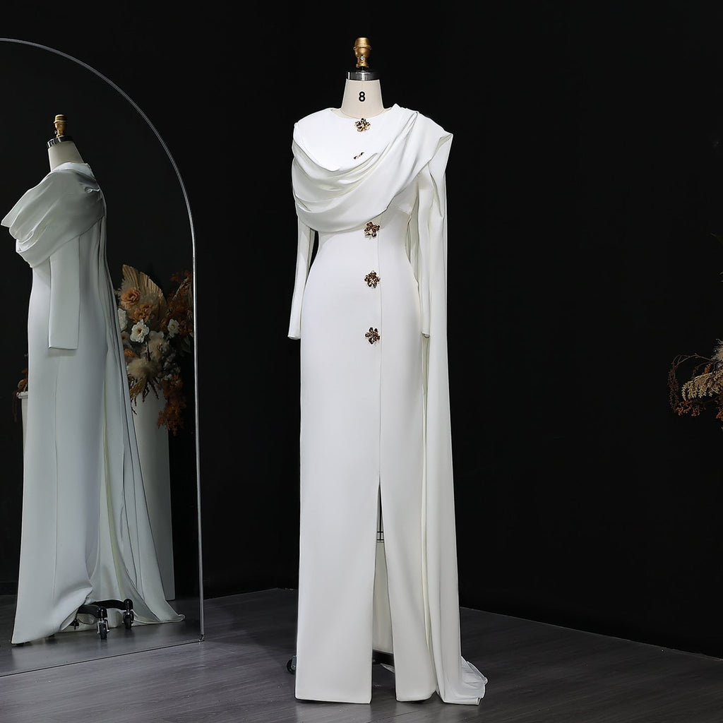 Elegant 3D Floral White Long Sleeves Evening Dress with Cape SF536