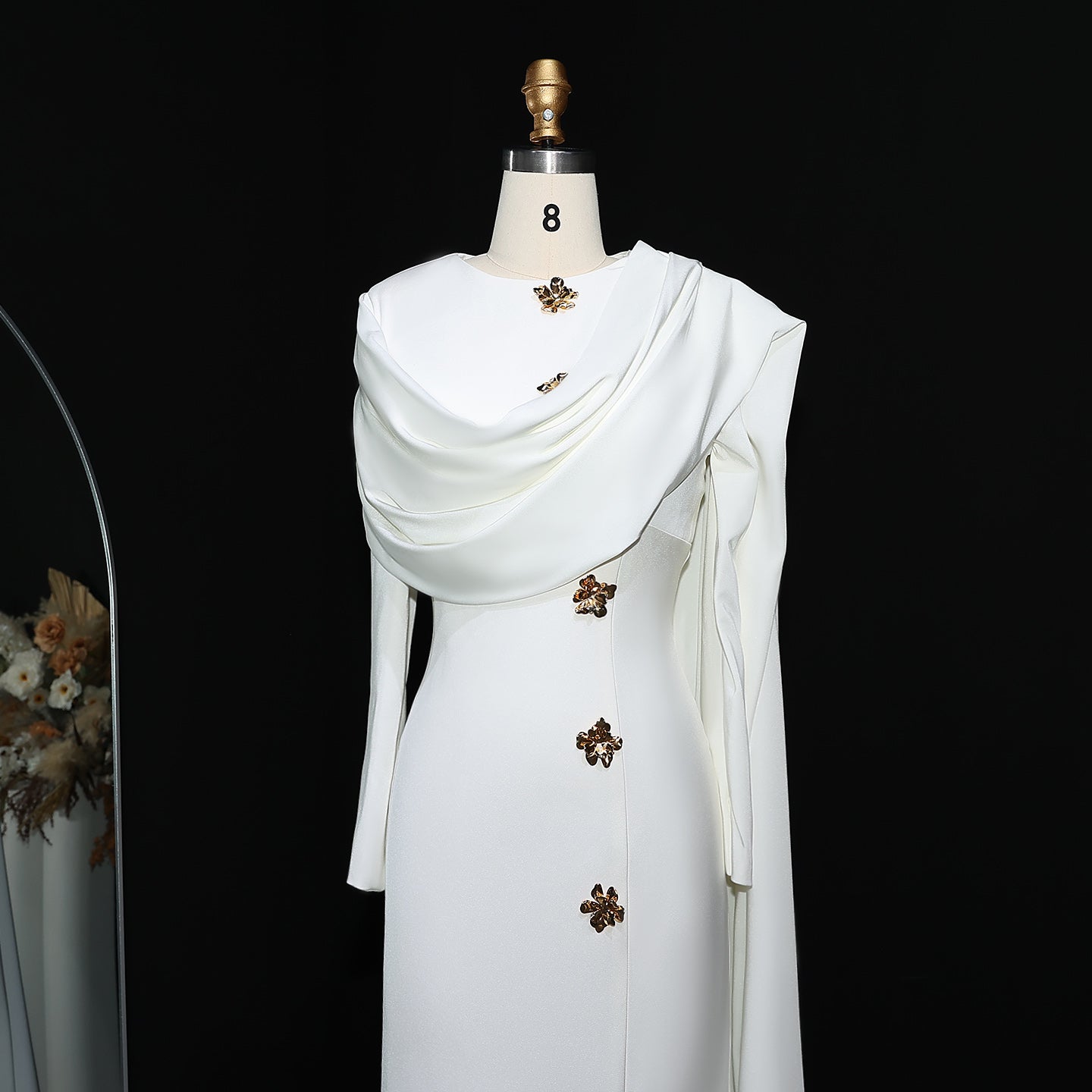Elegant 3D Floral White Long Sleeves Evening Dress with Cape SF536