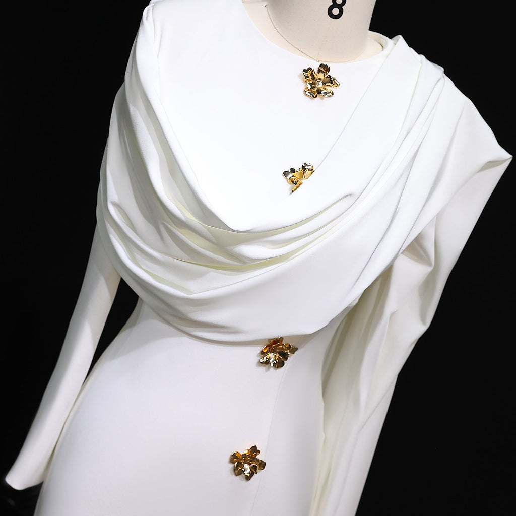 Elegant 3D Floral White Long Sleeves Evening Dress with Cape SF536