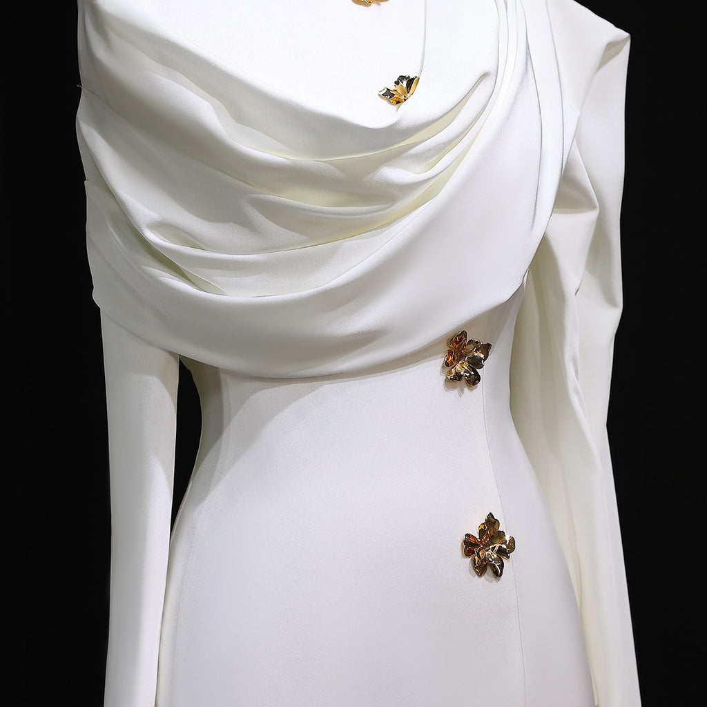 Elegant 3D Floral White Long Sleeves Evening Dress with Cape SF536