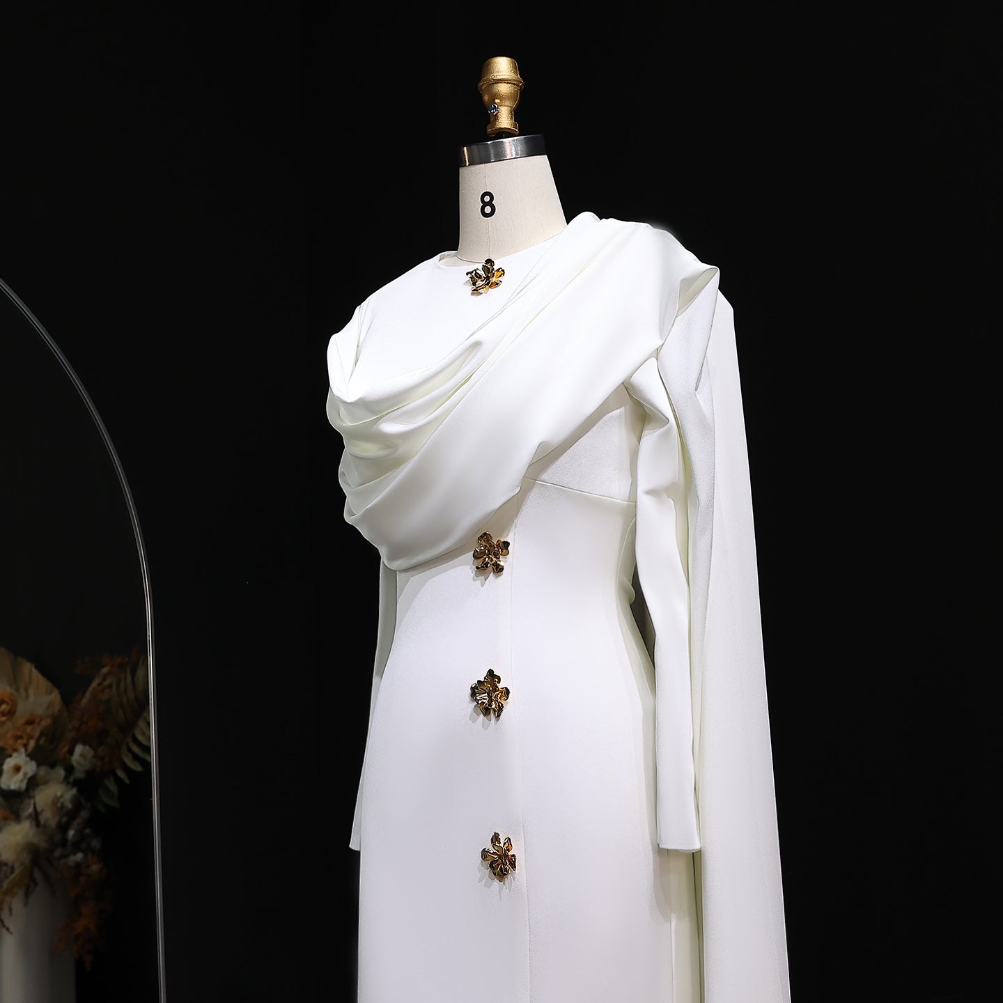 Elegant 3D Floral White Long Sleeves Evening Dress with Cape SF536