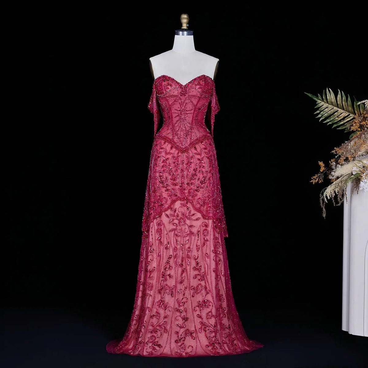 Fuchsia Beading Tassel Off-Shoulder Sleeves Evening Dresses SS516