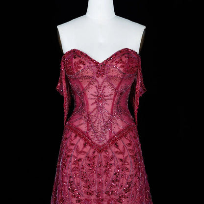Fuchsia Beading Tassel Off-Shoulder Sleeves Evening Dresses SS516
