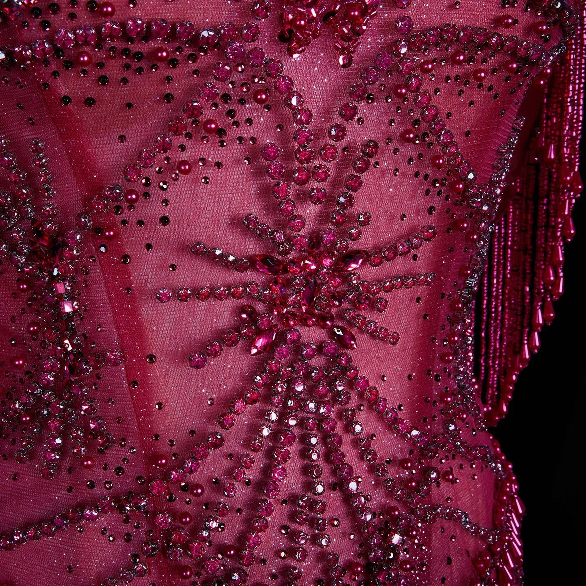 Fuchsia Beading Tassel Off-Shoulder Sleeves Evening Dresses SS516