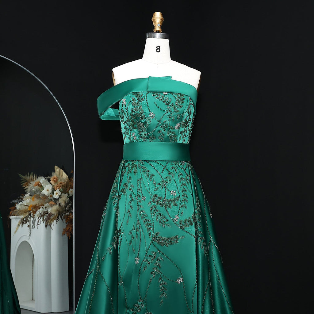Elegant Emerald Green Beaded Embroidered Evening Dress with Overskirt XD012