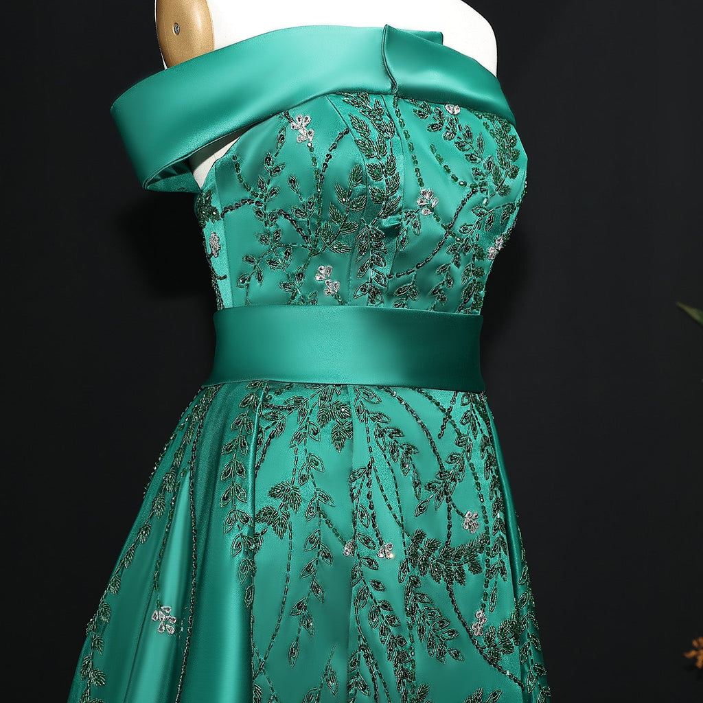 Elegant Emerald Green Beaded Embroidered Evening Dress with Overskirt XD012