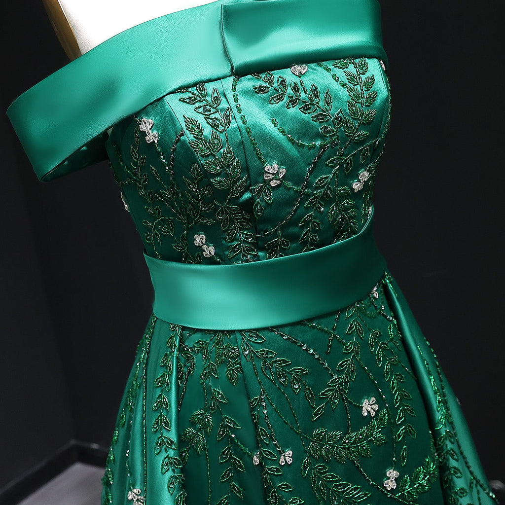 Elegant Emerald Green Beaded Embroidered Evening Dress with Overskirt XD012