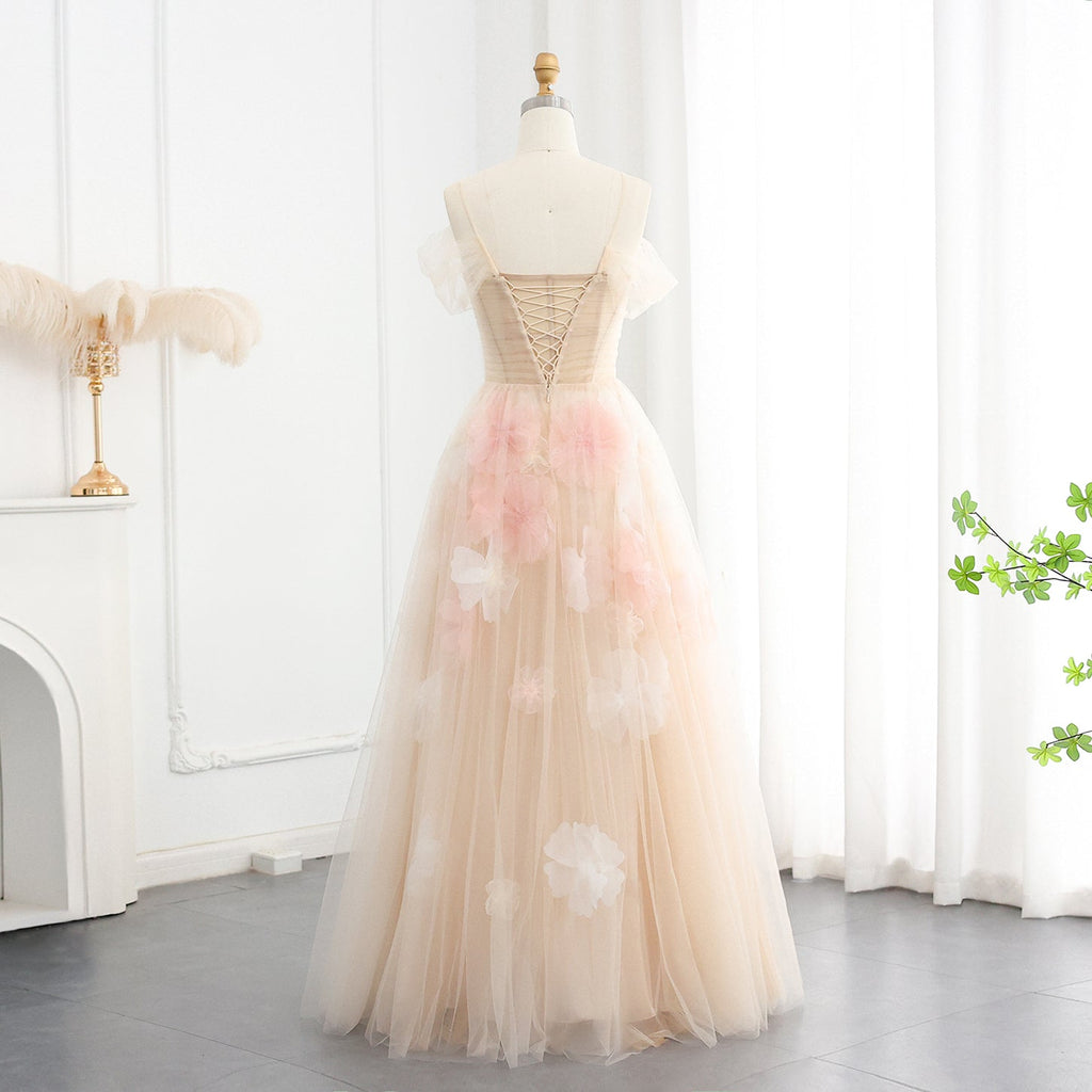 Elegant Off Shoulder Pink 3D Flowers Evening Dress SS321