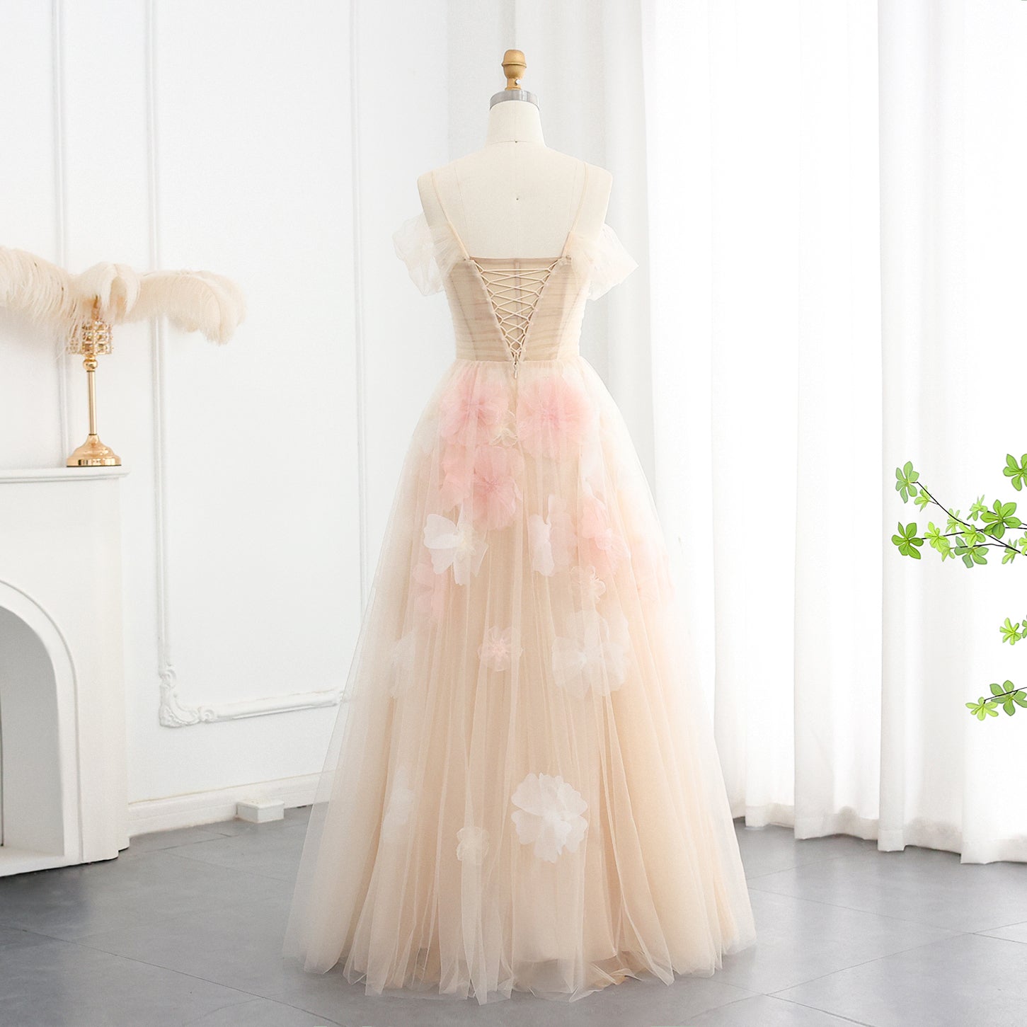 Elegant Off Shoulder Pink 3D Flowers Evening Dress SS321