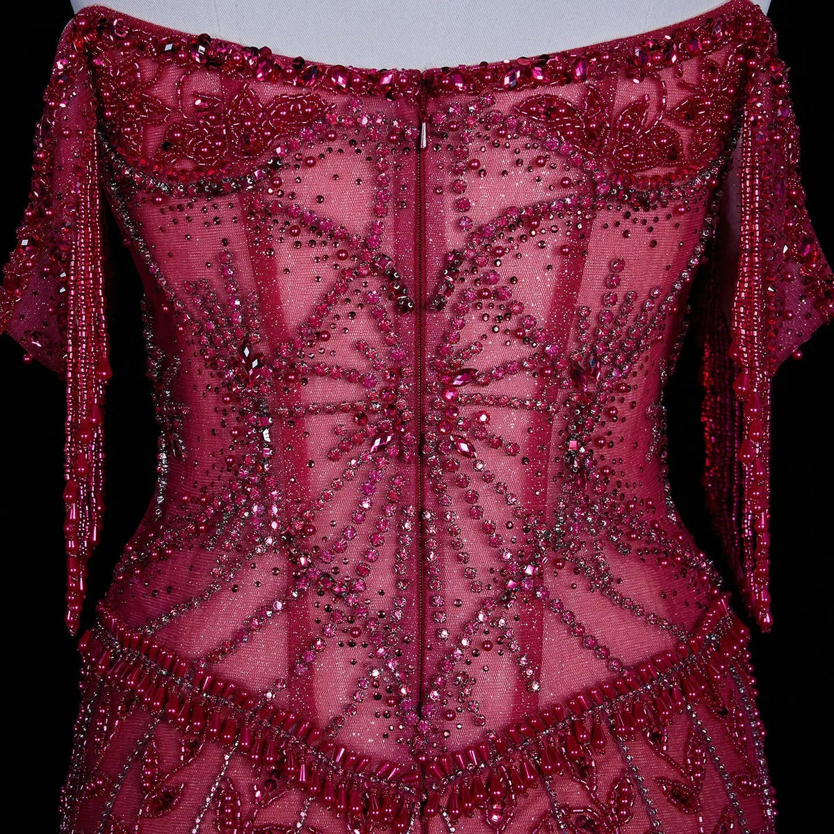 Fuchsia Beading Tassel Off-Shoulder Sleeves Evening Dresses SS516