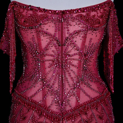 Fuchsia Beading Tassel Off-Shoulder Sleeves Evening Dresses SS516