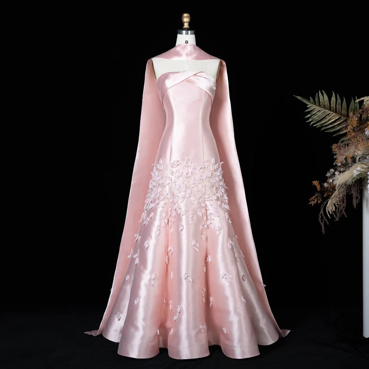 Luxury 3D Leaves Pink Satin Evening Dress with Cape SS463