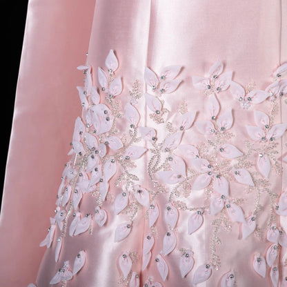 Luxury 3D Leaves Pink Satin Evening Dress with Cape SS463