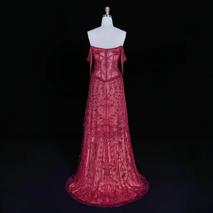 Fuchsia Beading Tassel Off-Shoulder Sleeves Evening Dresses SS516
