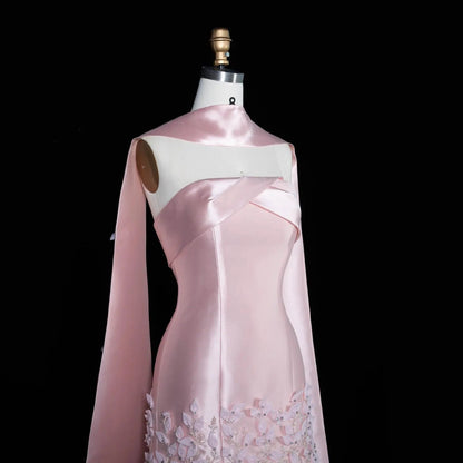 Luxury 3D Leaves Pink Satin Evening Dress with Cape SS463