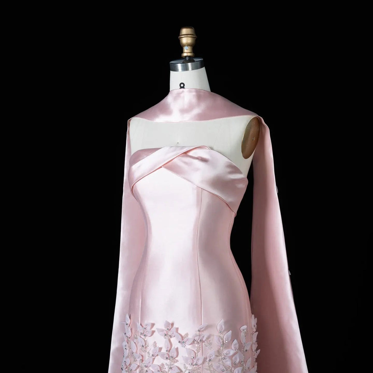 Luxury 3D Leaves Pink Satin Evening Dress with Cape SS463