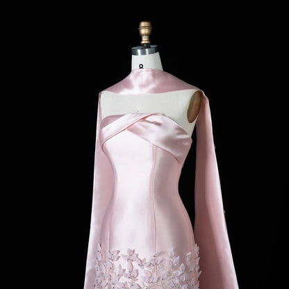 Luxury 3D Leaves Pink Satin Evening Dress with Cape SS463
