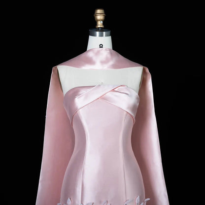 Luxury 3D Leaves Pink Satin Evening Dress with Cape SS463