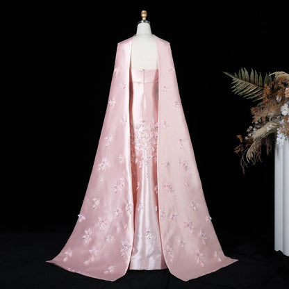 Luxury 3D Leaves Pink Satin Evening Dress with Cape SS463