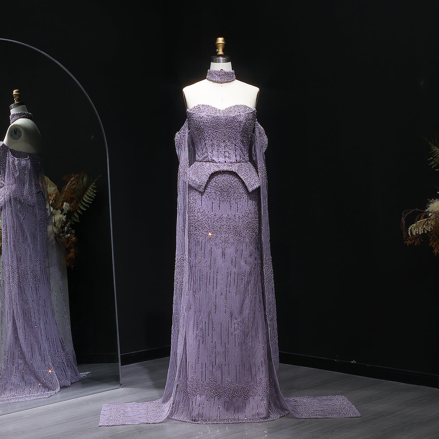 Stunning Crystal Evening Dress with Cape Sleeves SS558