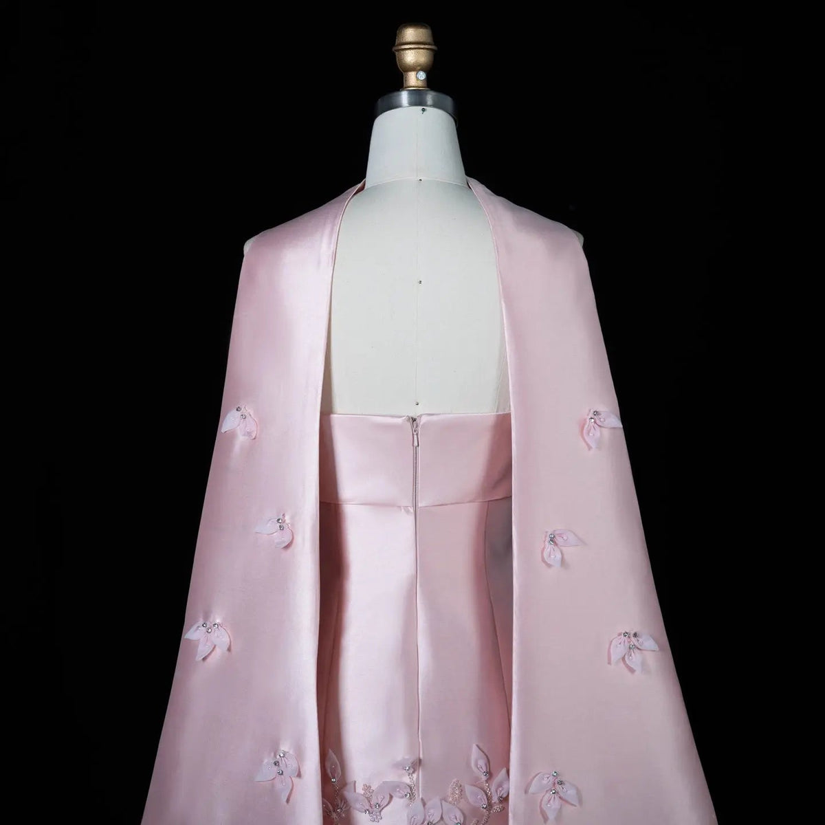 Luxury 3D Leaves Pink Satin Evening Dress with Cape SS463