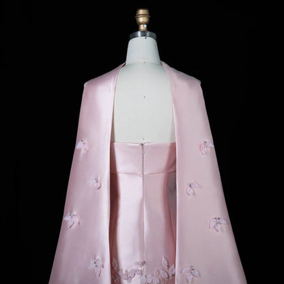 Luxury 3D Leaves Pink Satin Evening Dress with Cape SS463