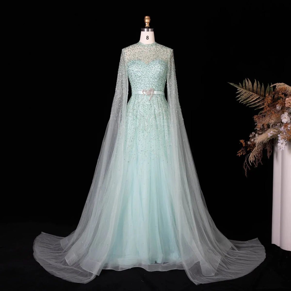 Luxury Blue High Neck Evening Dress with Cape Sleeves SS451