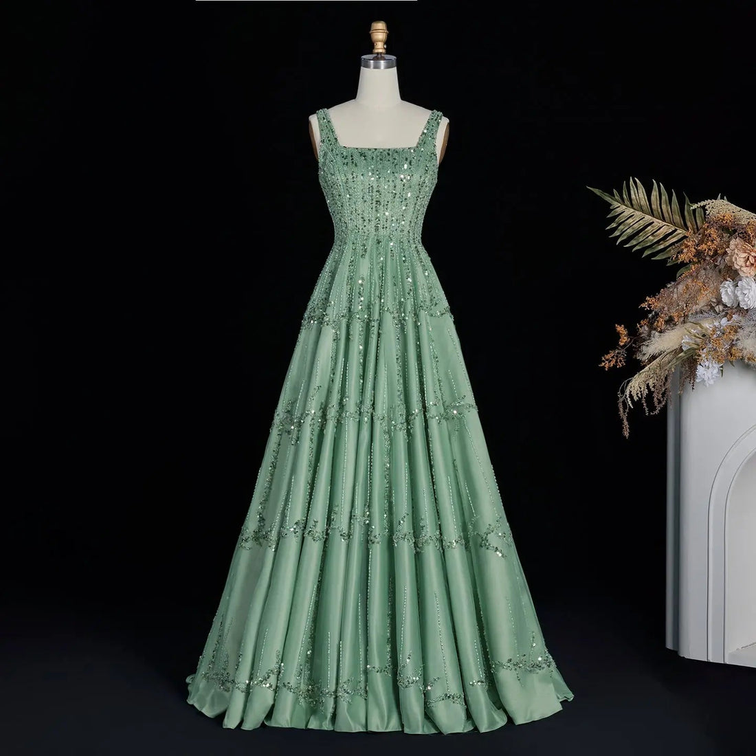 Luxury Beaded Green Spaghetti Evening Dresses SS225