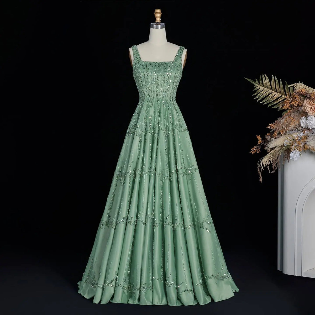 Luxury Beaded Green Spaghetti Evening Dresses SS225