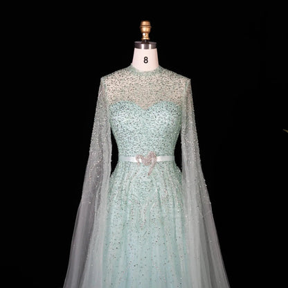 Luxury Blue High Neck Evening Dress with Cape Sleeves SS451
