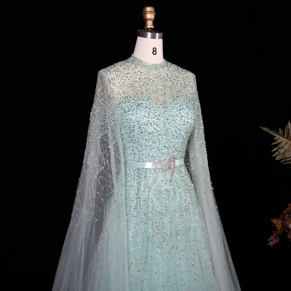 Luxury Blue High Neck Evening Dress with Cape Sleeves SS451