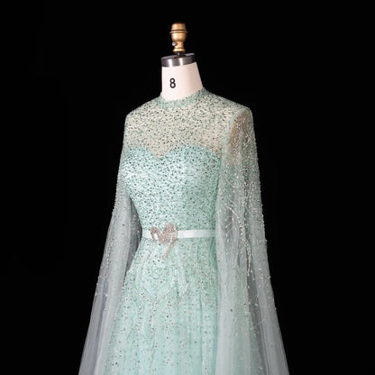Luxury Blue High Neck Evening Dress with Cape Sleeves SS451