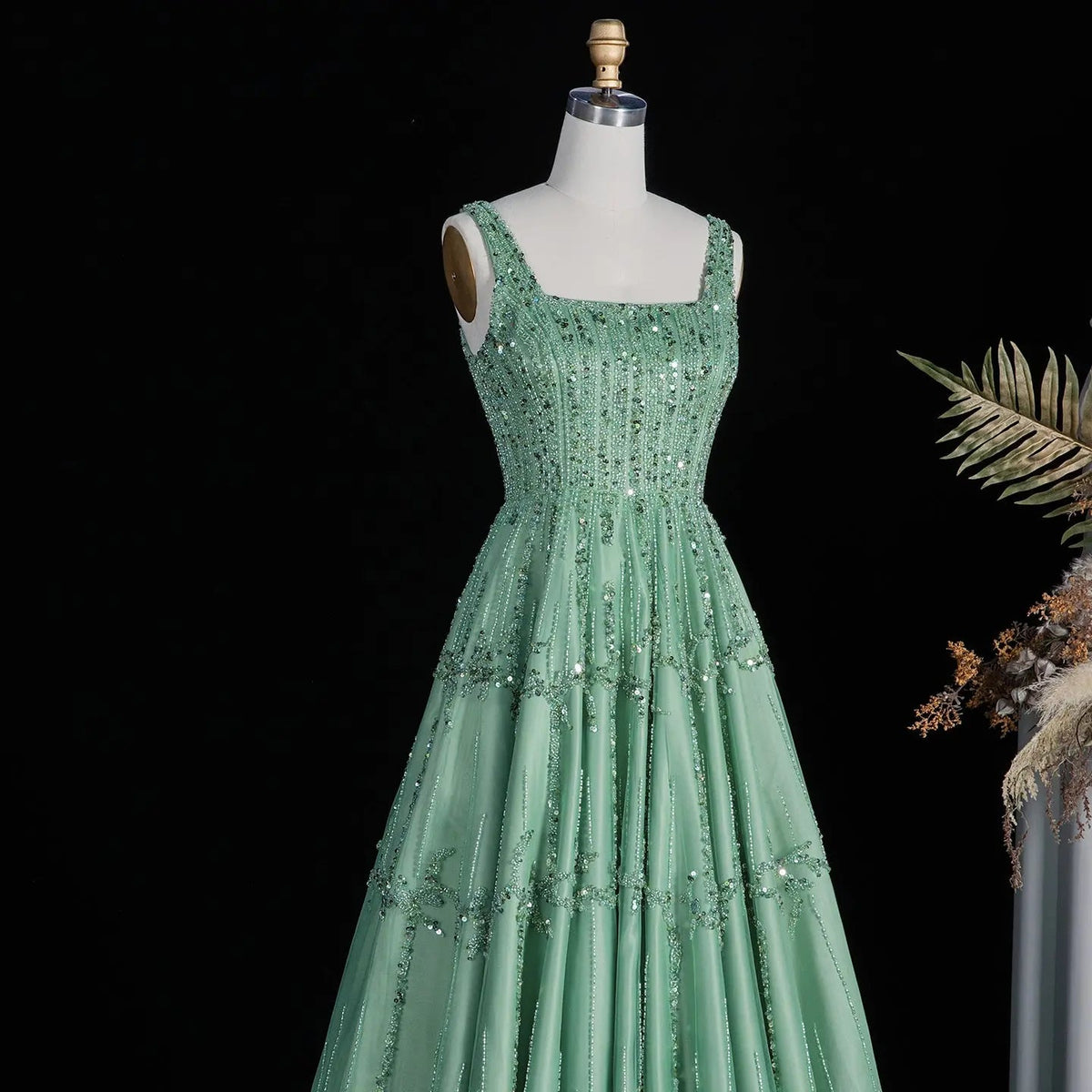 Luxury Beaded Green Spaghetti Evening Dresses SS225