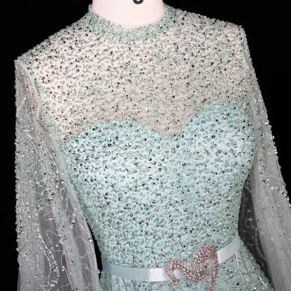 Luxury Blue High Neck Evening Dress with Cape Sleeves SS451