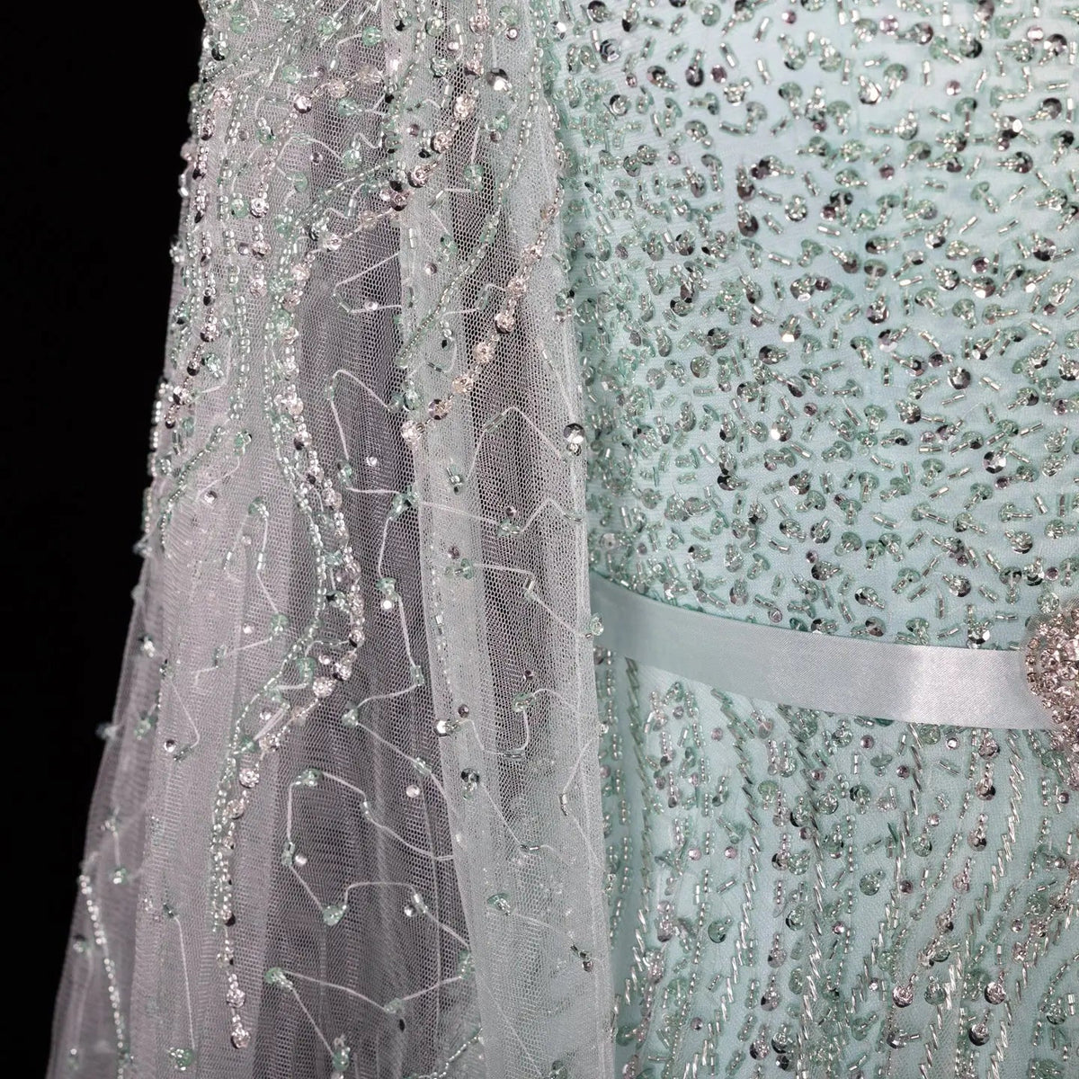 Luxury Blue High Neck Evening Dress with Cape Sleeves SS451