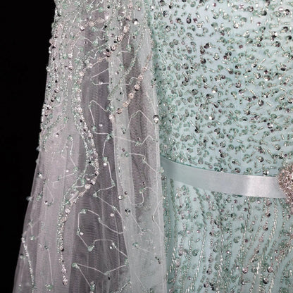 Luxury Blue High Neck Evening Dress with Cape Sleeves SS451