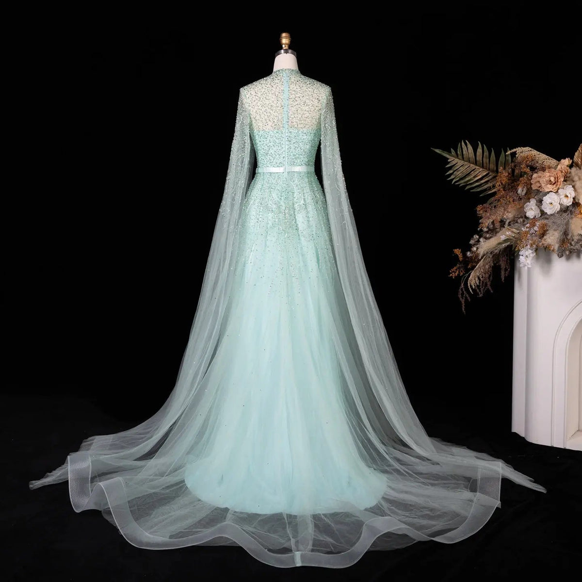 Luxury Blue High Neck Evening Dress with Cape Sleeves SS451