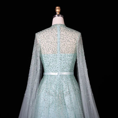 Luxury Blue High Neck Evening Dress with Cape Sleeves SS451