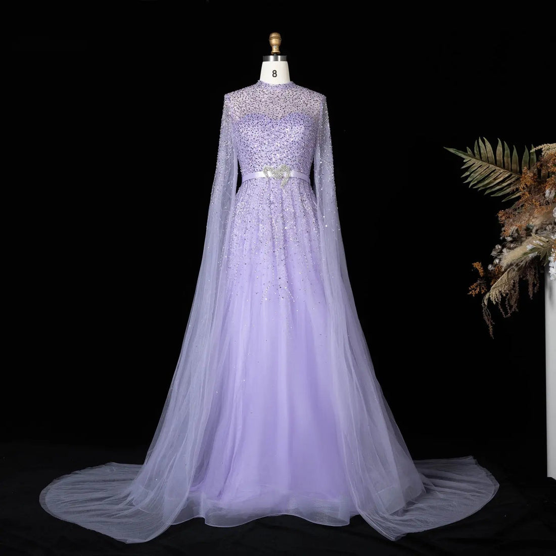 Luxury Blue High Neck Evening Dress with Cape Sleeves SS451